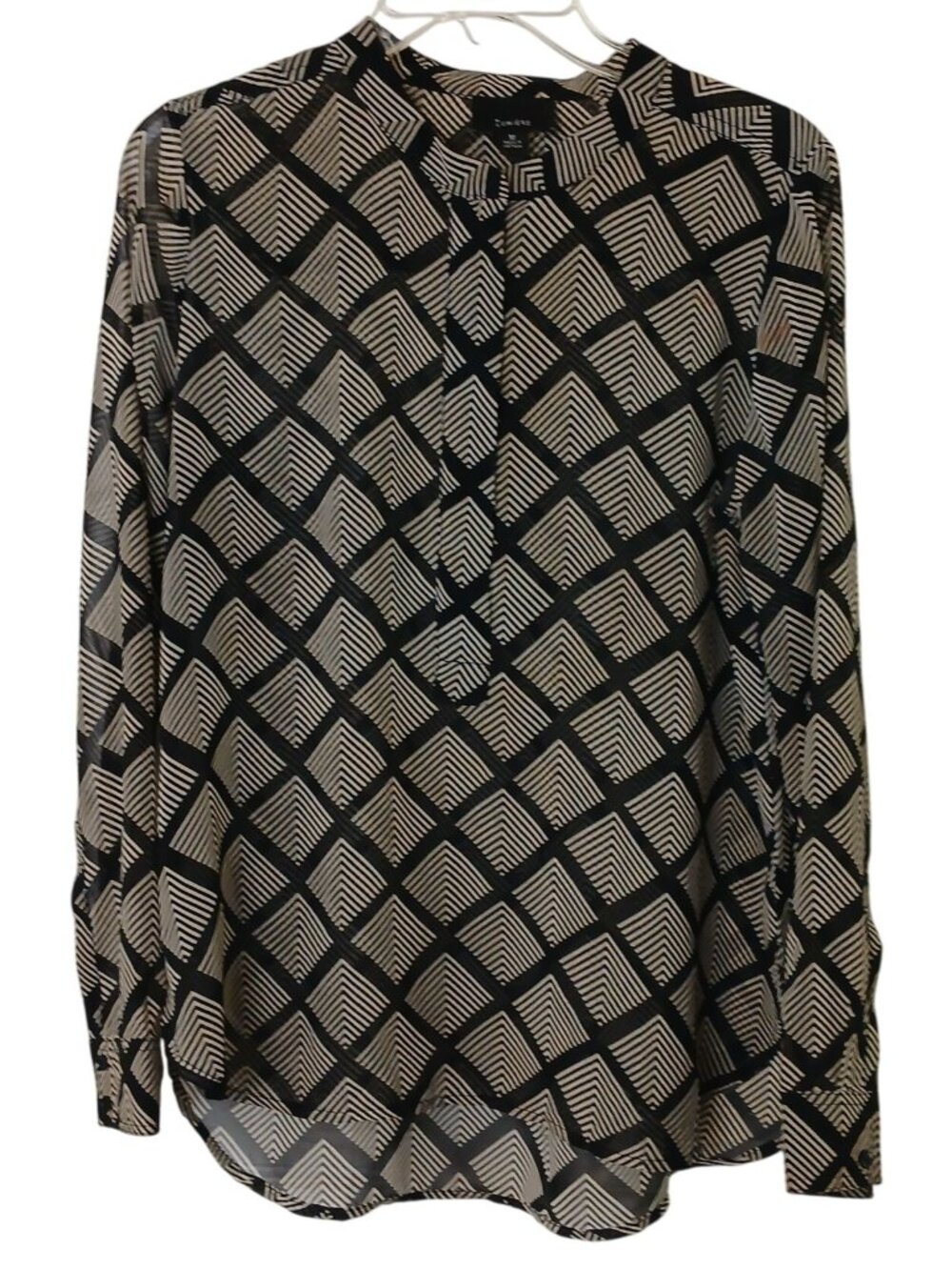 Lumière Medium Geometric Hidden Zipper LS Sheer Blouse Black Career #D-18